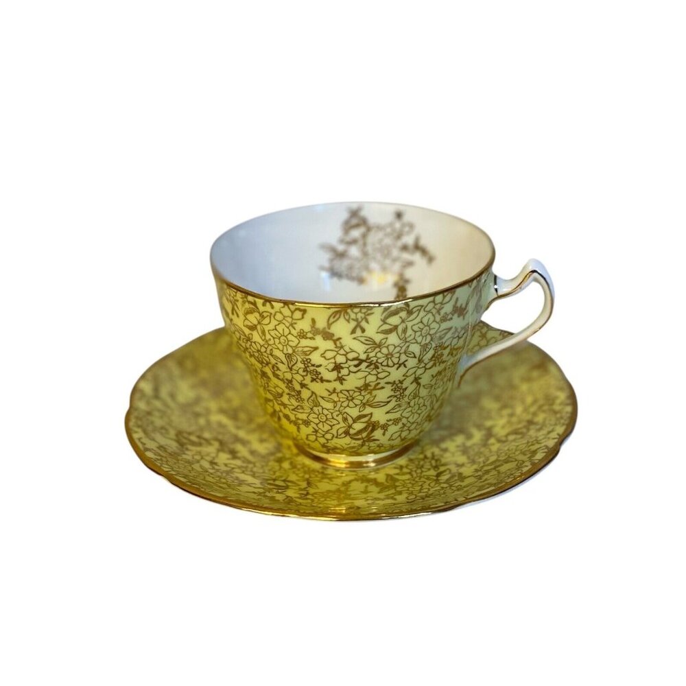 Vtg Royal Crown Pottery English Bone China Cup & Saucer Balfour Gold Leaf Yellow